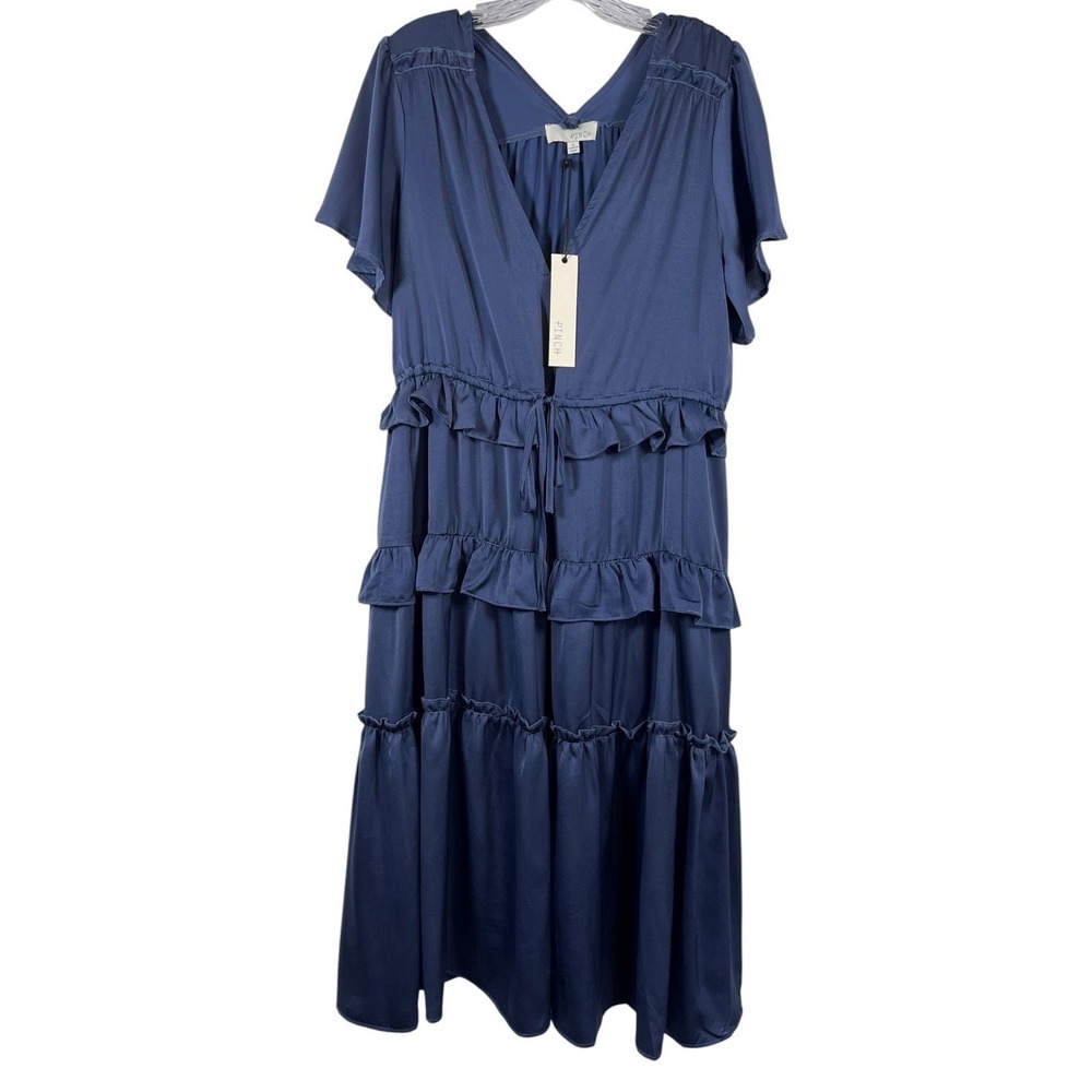 New PINCH Sz L Midi Dress Navy Blue London Boho Ruffle Flutter Sleeve Tie Waist
